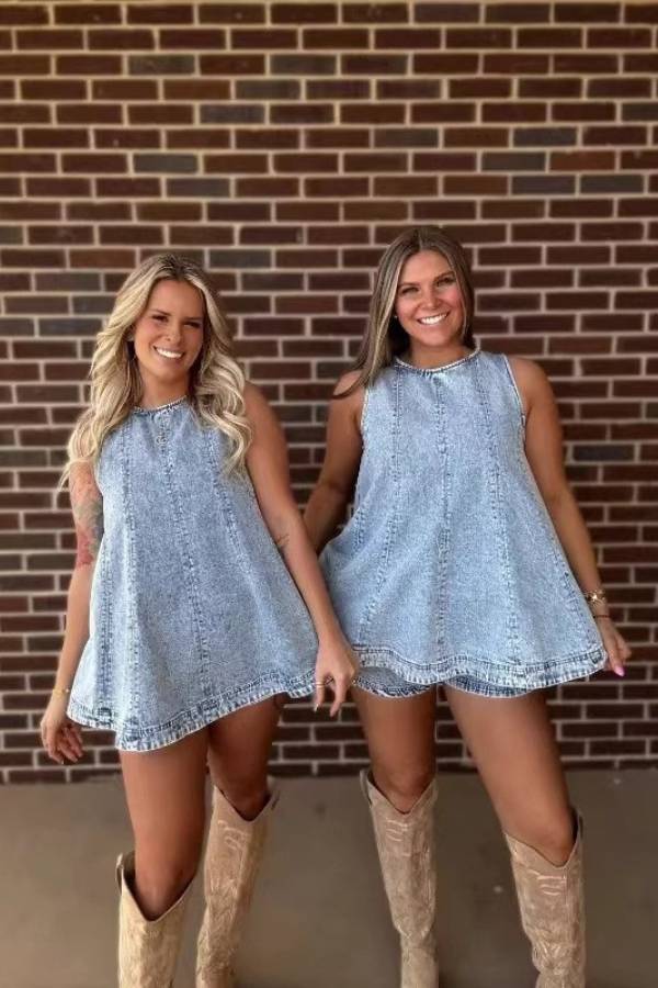 Washed Denim Sleeveless A-Line Tunic & Elastic Waist Shorts Set