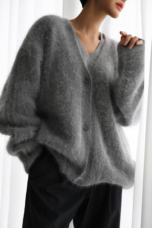 Lazy Fluffy V‑Neck Knit Cardigan