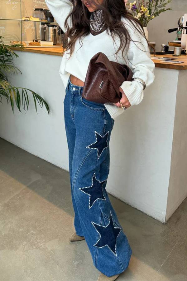 Jessy Denim Mid Rise Side Star Pattern Pocket Wide Leg Jeans