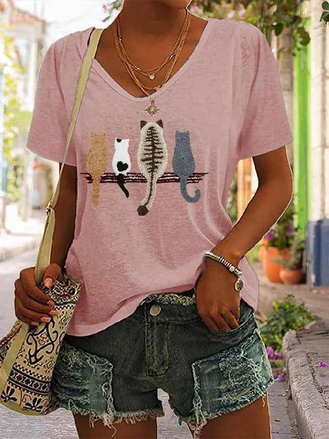 Damen T-Shirt mit V-Ausschnitt und Katzen-Rückenmuster