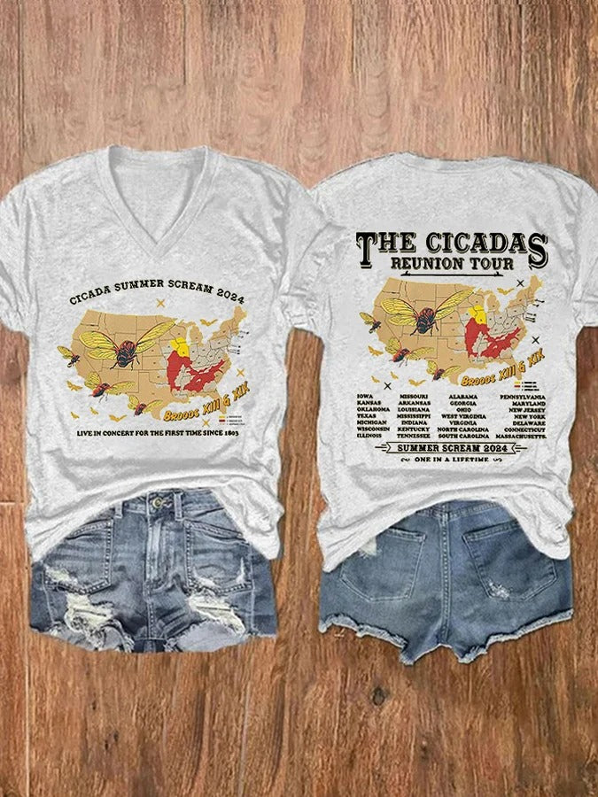 Women's Cicadas Summer Scream 2024 Print V Neck T-shirt
