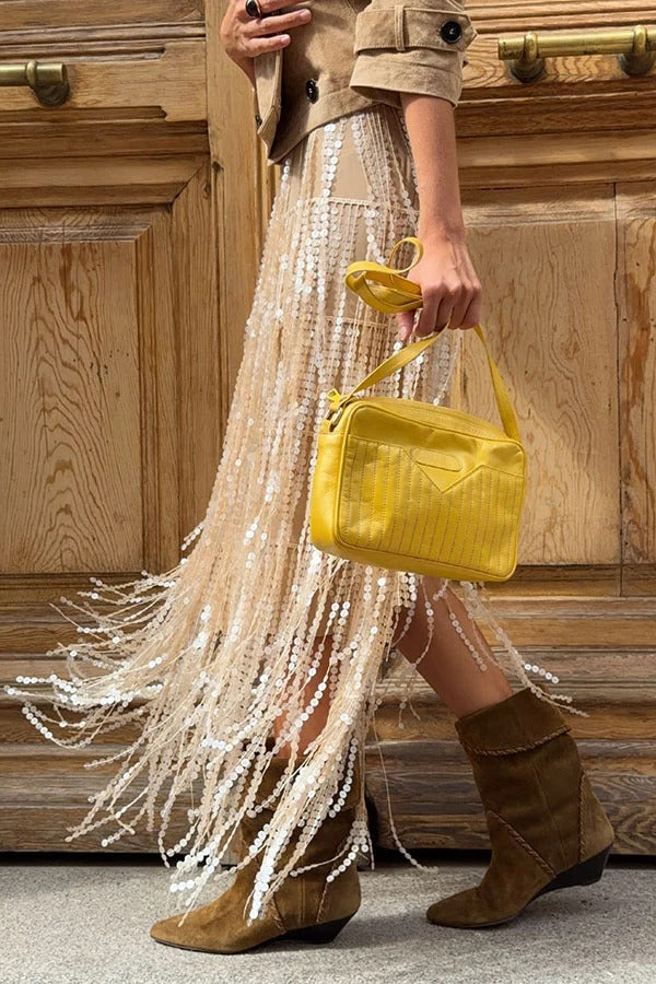 Champagne Party Layered Sequined Tassels Mid Rise Elastic Waist Midi Skirt