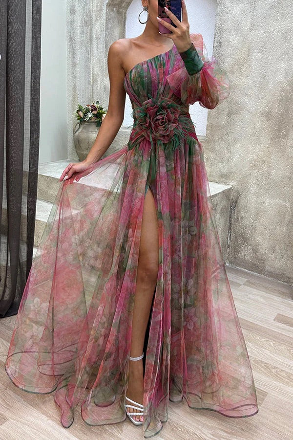 Floral Decor Chiffon Print One Shoulder Evening Gown Maxi Dresses