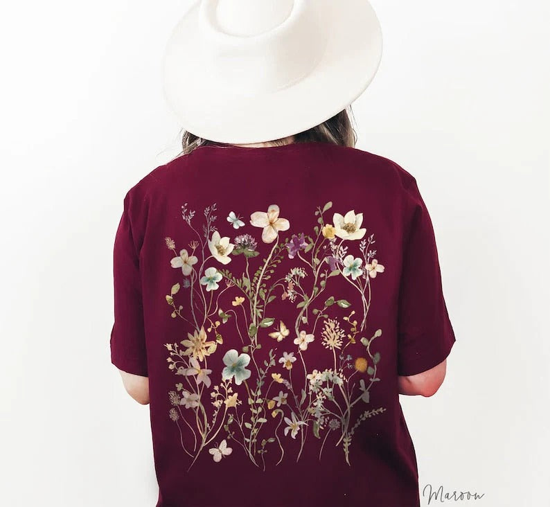 T-shirt imprimé fleurs pressées au dos, cadeau pour les amoureux du jardin