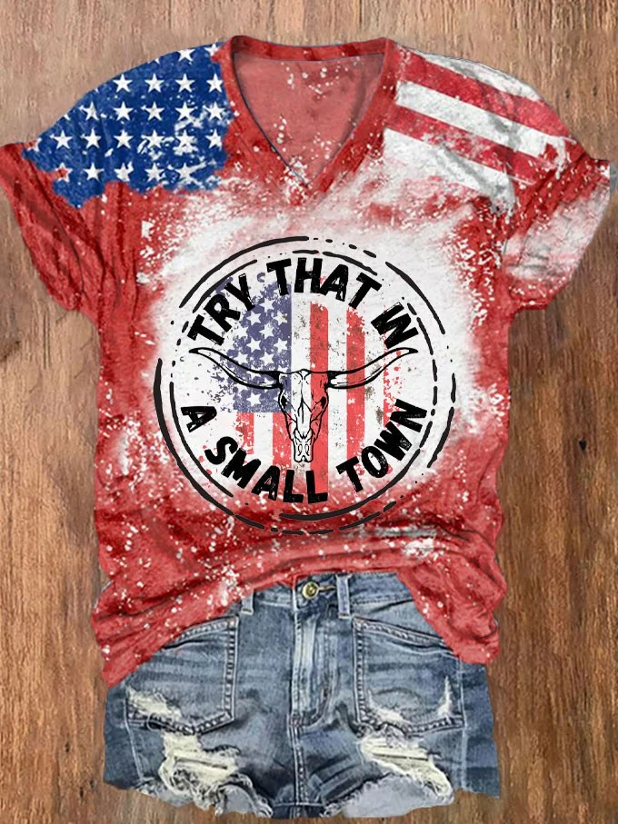 T-shirt col V imprimé drapeau tournesol pour femme, fête de l'indépendance