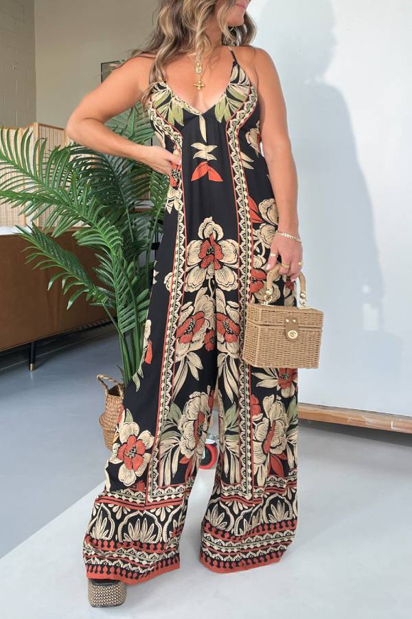 Milos Floral Boho Halter Jumpsuit Black