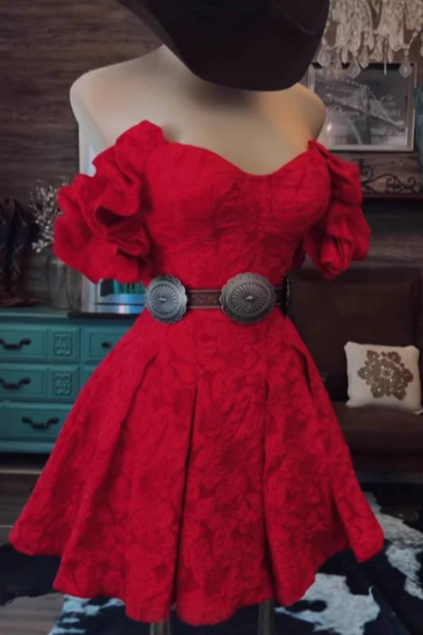 Multi-Color Jacquard Western Style Off-the-Shoulder Puff Sleeve Corset Mini Dress