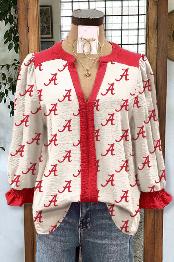 Alabama Print Contrast Paneled V-neck Top