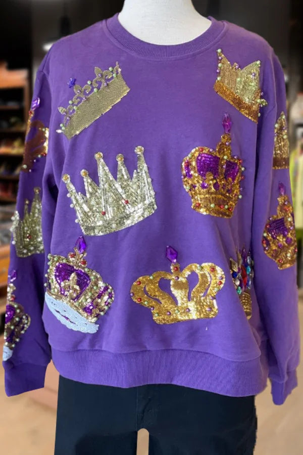 Sweat-shirt décontracté à manches longues et col ras du cou avec imprimé couronne