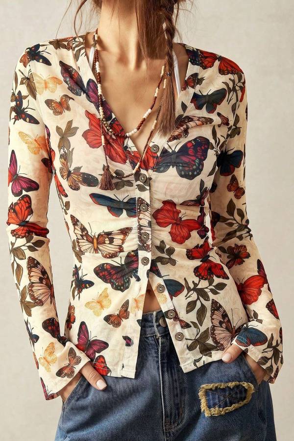 Vintage Butterfly Print V-Neck Button Down Fitted Long Sleeve Top