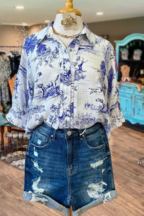 Haut boutonné à manches trois-quarts et imprimé vintage