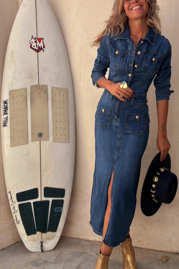 Tessy Denim Metal Button Zipper Shirt Stretch Pencil Slit Midi Dress