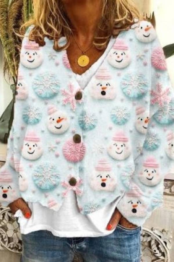 Christmas-themed V-neck single-breasted loose-fitting knit cardigan