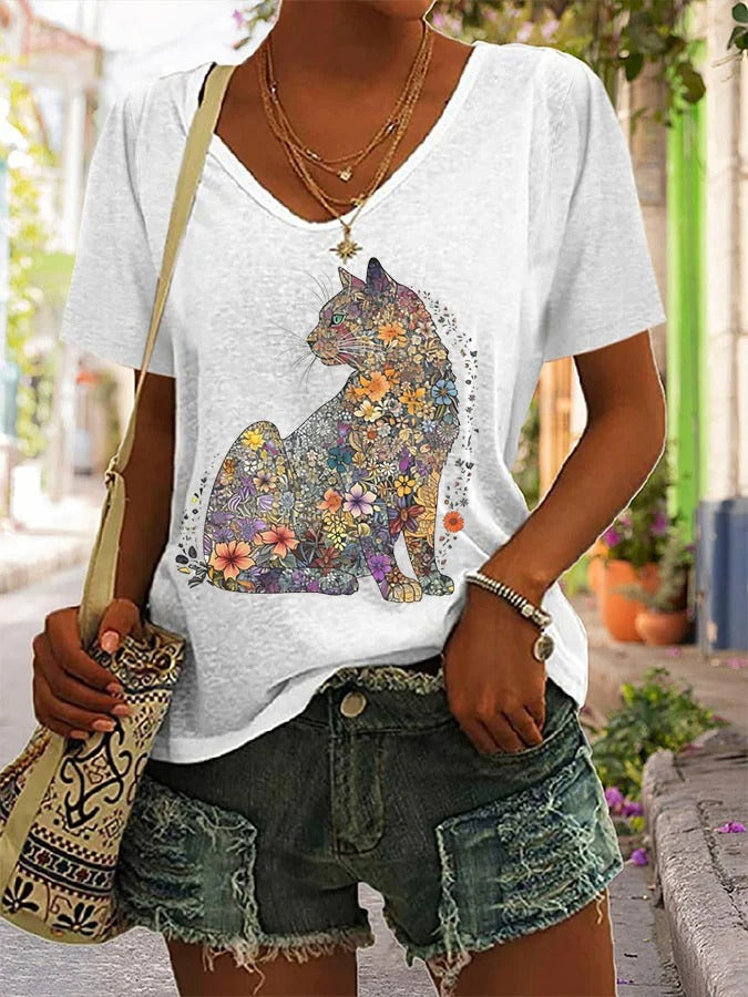 T-shirt imprimé chaton fleuri mignon pour femme