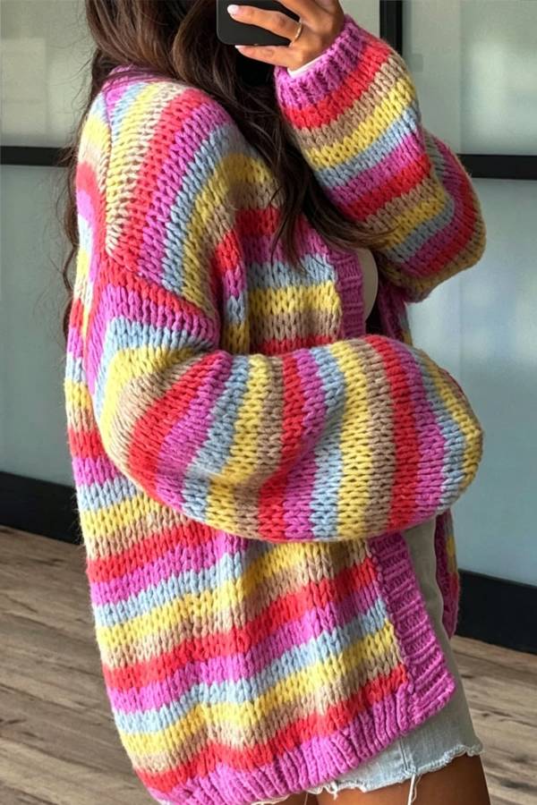 Olya Knit Colorful Stripes Long Balloon Sleeve Open Front Loose Cardigan