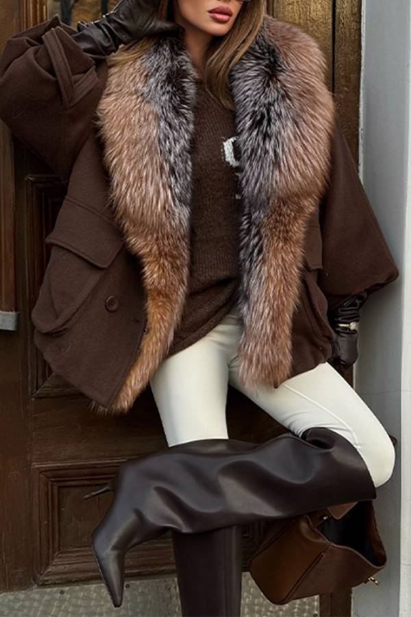 Short Hooded Wool Blend Coat With Large Fur Collar