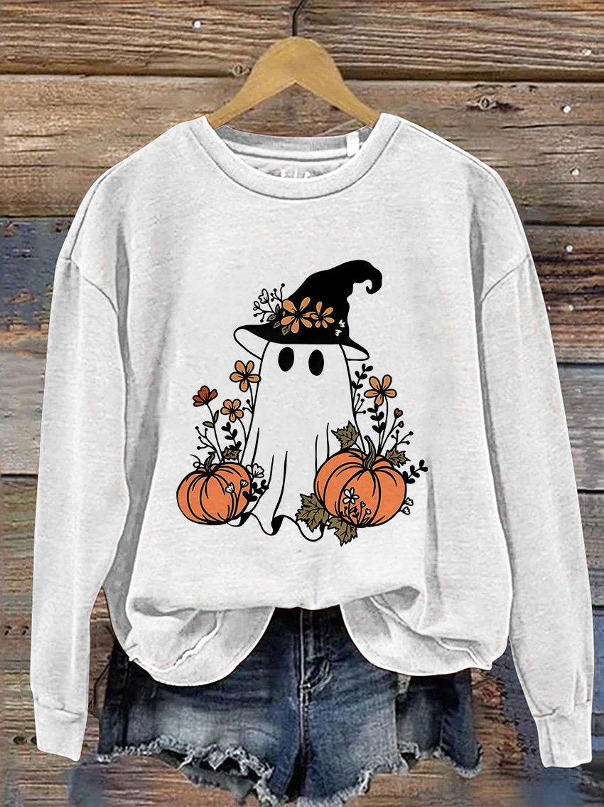 Sweat-shirt décontracté à imprimé fantôme effrayant pour Halloween