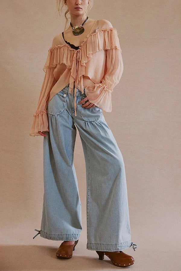 We The Free Denim Mid Rise Pocket Knotted Ankle Hem Lotus Balloon Jeans