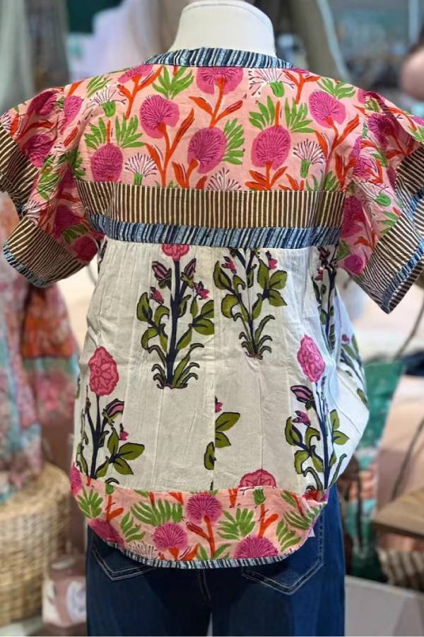 Bohemian Floral Print Patchwork Short Sleeve Top