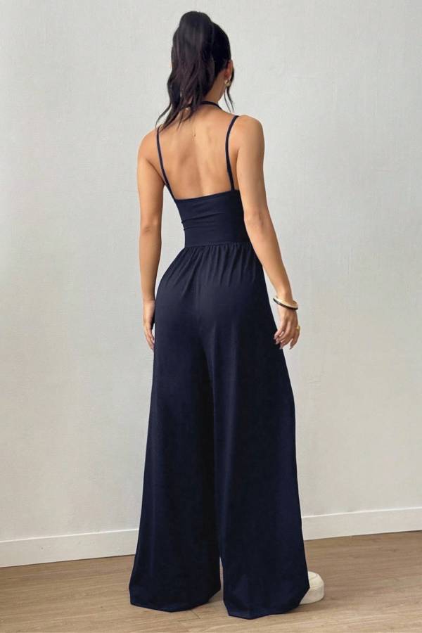 Halter Spaghetti Strap Ruched Wide Leg Jumpsuit Square Neck High Waist Casual Romper