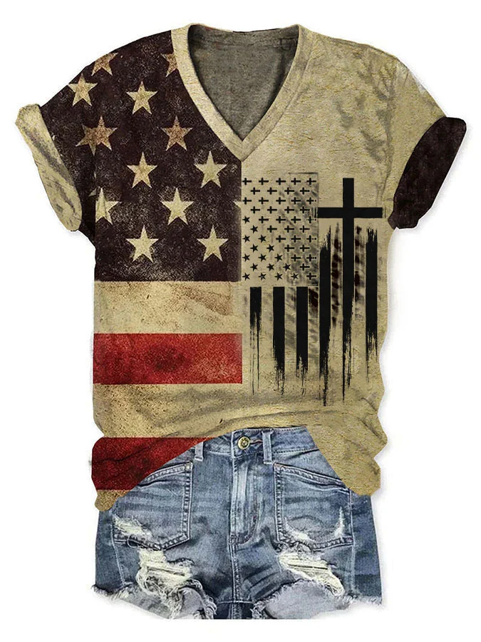 T-shirt col V femme imprimé rétro drapeau américain