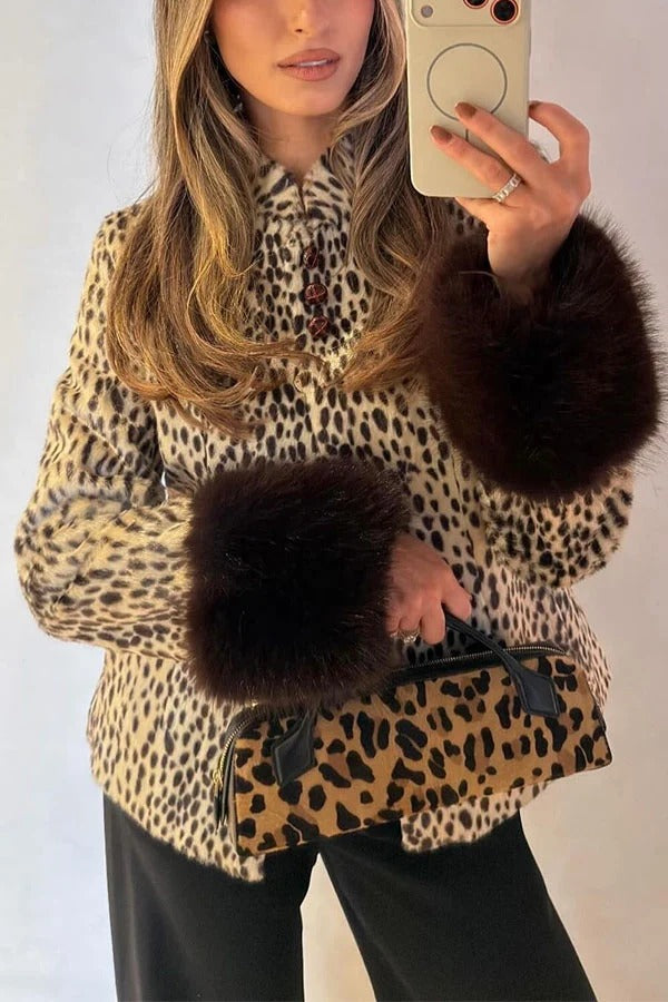 Retro Street Style Faux Fur Animal Print Stand Collar Button Furry Cuffs Jacket