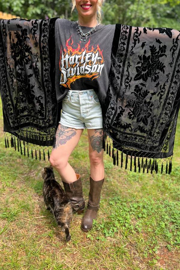 Burnt out velvet Tassels KIMONO TEE TUNIC