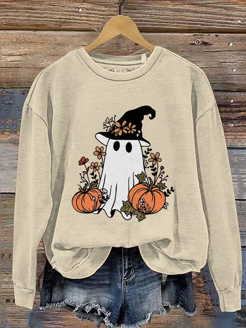 Sweat-shirt décontracté à imprimé fantôme effrayant pour Halloween