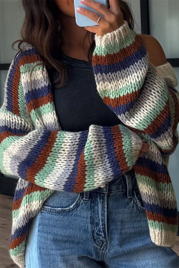 Olya Knit Colorful Stripes Long Balloon Sleeve Open Front Loose Cardigan