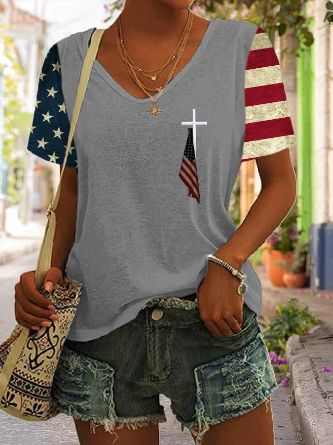 Women's Flag Print Casual V-Neck T-Shirt