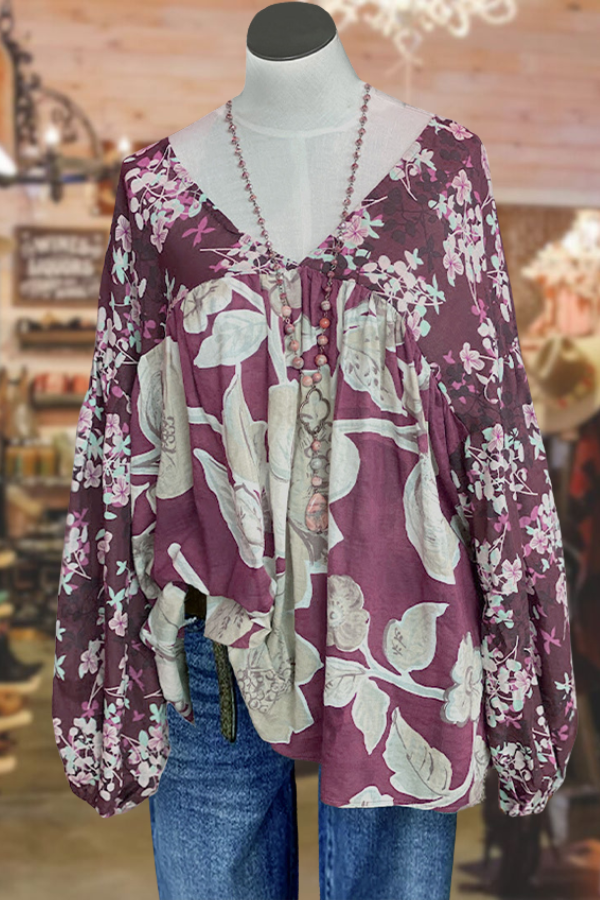 Haut décontracté à col en V plissé et imprimé floral