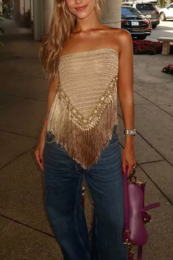 Fashionable Sleeveless Off-shoulder Tassel Hem Strapless Top