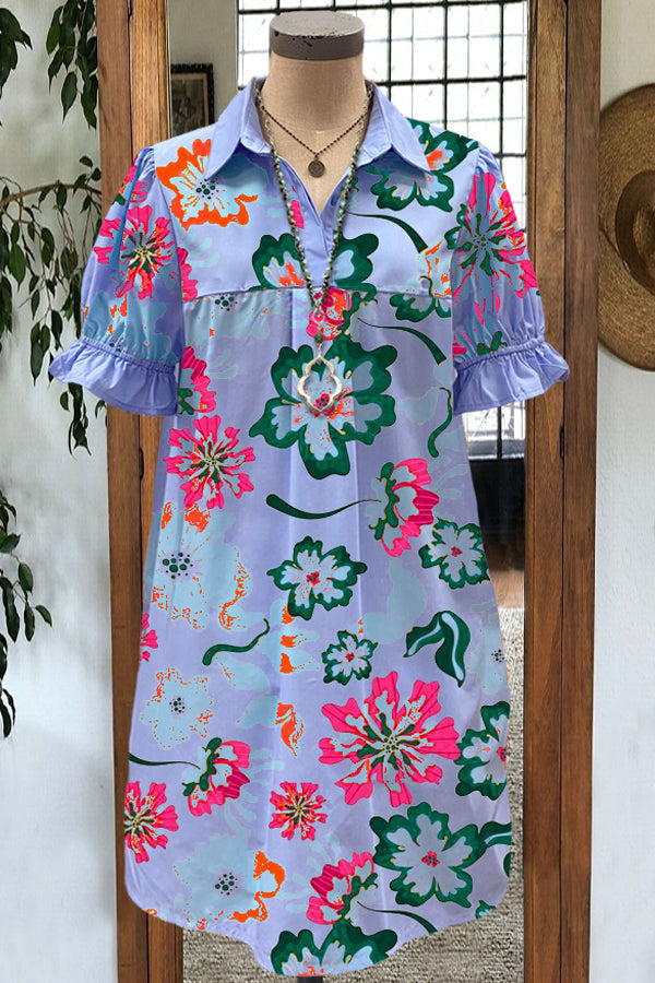 Robe chemise mi-longue décontractée à manches volantées et imprimé floral