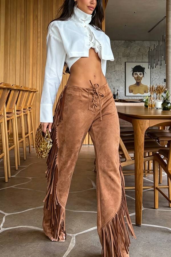 Vintage-style Western Suede Lace-up Waist Tassel Trim Pocket Loose Pants