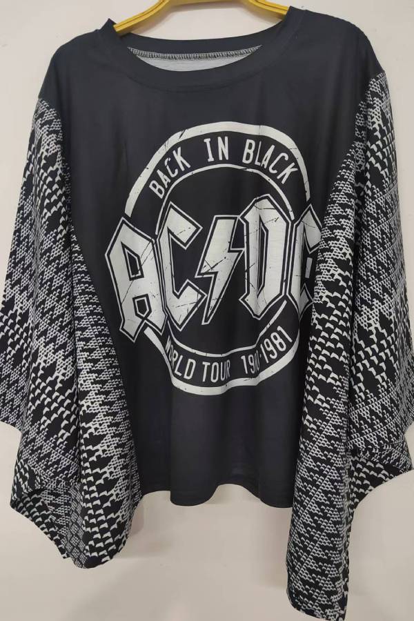 AC/DC Rock Patchwork-Sleeve Top