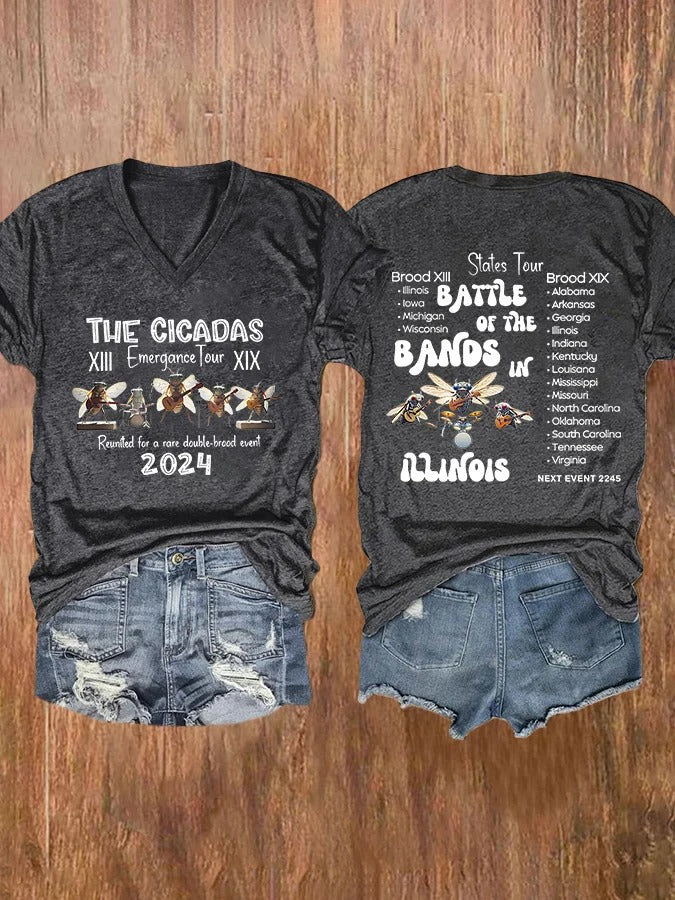 Women's The Cicadas Reunion Summer Tour Print V-Neck Casual T-Shirt
