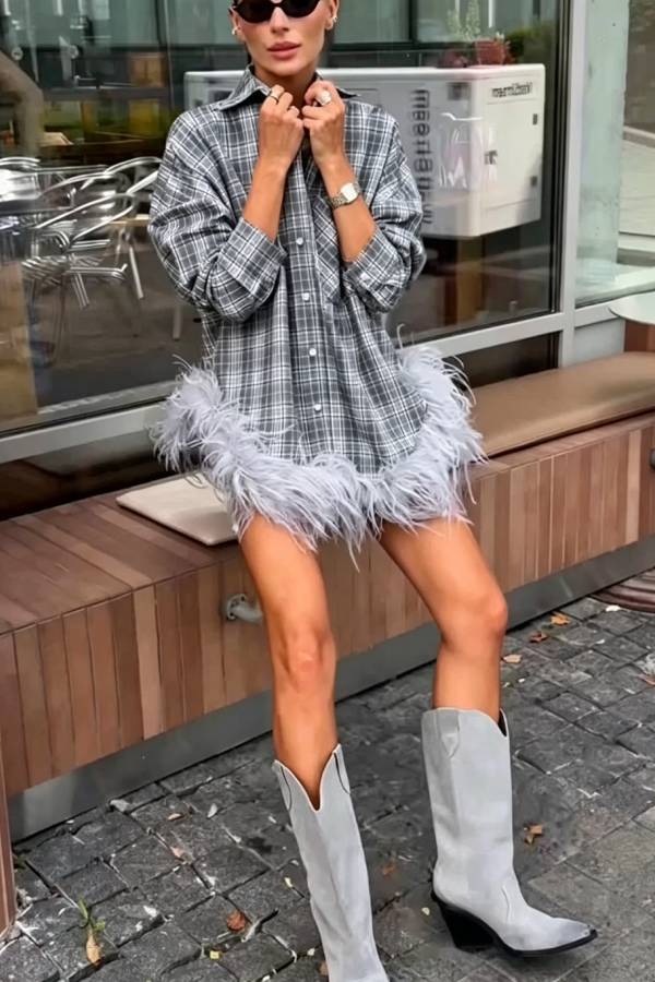 Dylan Plaid Print Long Sleeve Feather Trim Hem Pocket H-line Loose Blouse