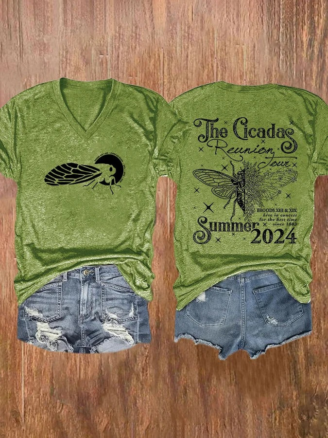 T-shirt col V imprimé The Cicadas Reunion Summer Tour pour femme