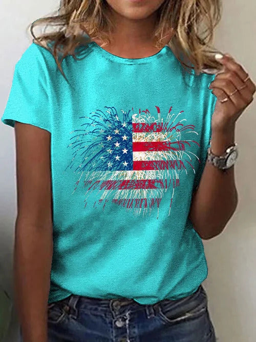 Women's Independence Day Love Fireworks Flag Print T-Shirt