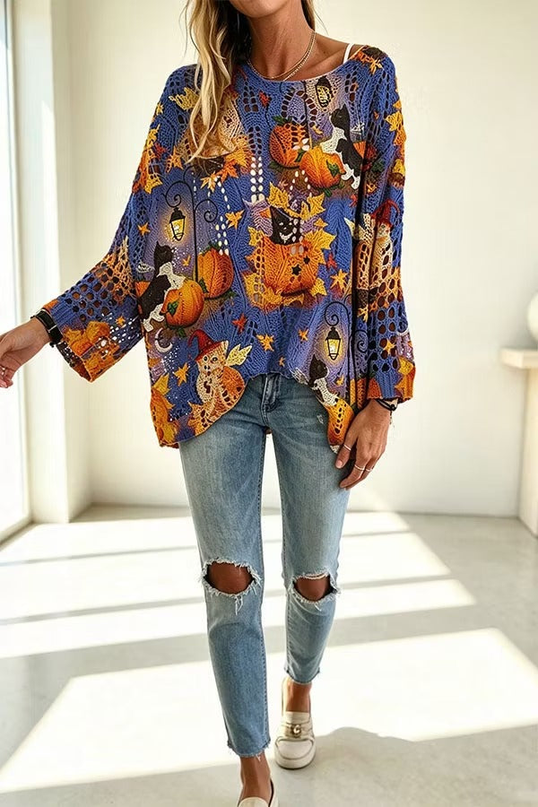 Halloween Pumpkin & Bat Hollow Out Knit Oversized Sweater