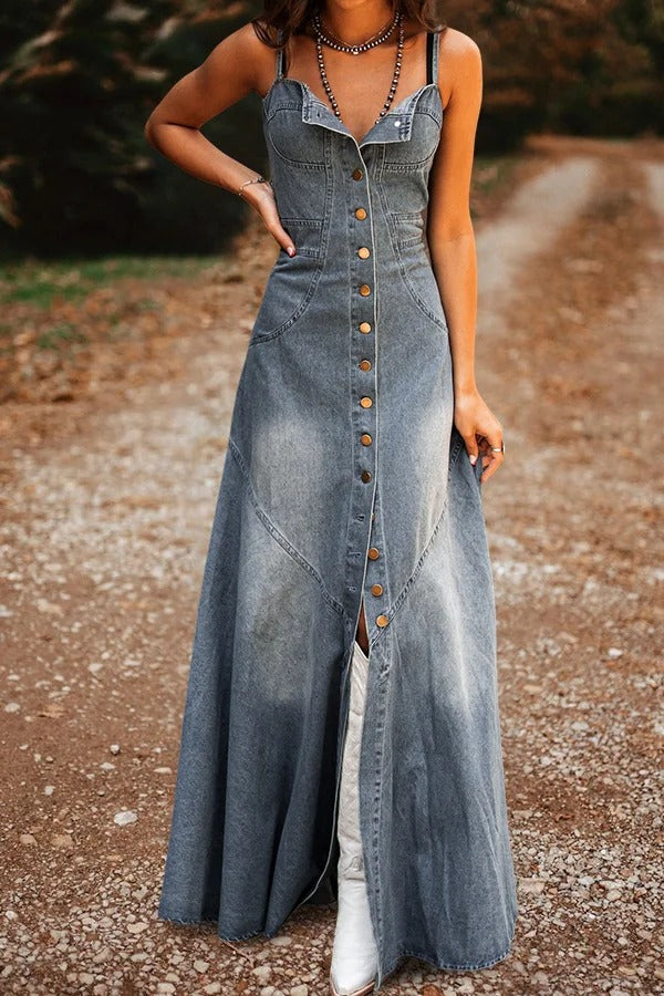 Robe boutonnée sans manches style vintage délavé
