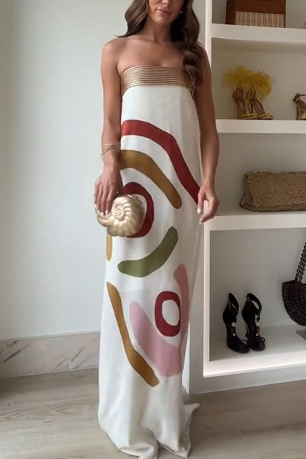 Darlin' Unique Print Pleated Metal Collar Strapless Maxi Dress