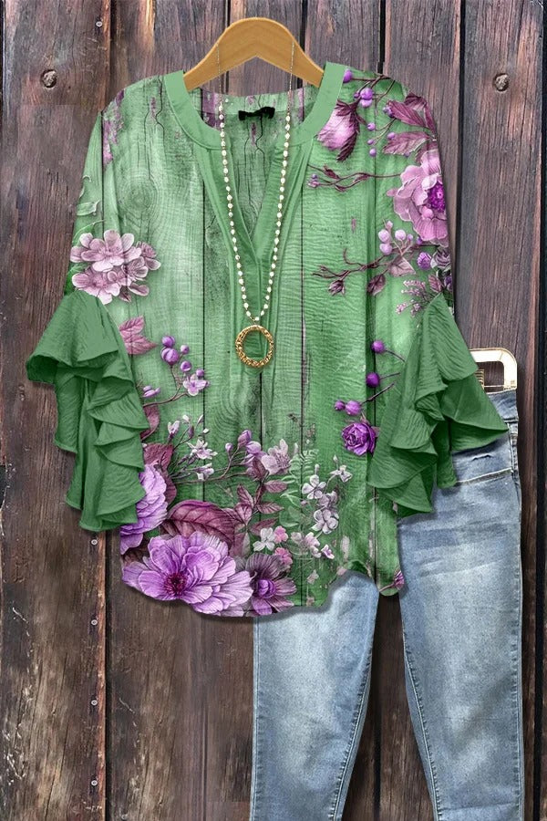 Vintage Floral Print Ruffle Sleeve Top