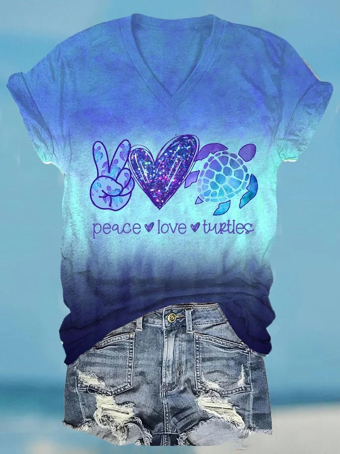 Women's Hawaiian Peace Love Turtles Print Casual T-Shirt