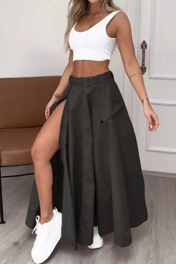 U-Neck Crop Tank Top & Belted Cargo Slit Midi Skirt 2 Piece Set
