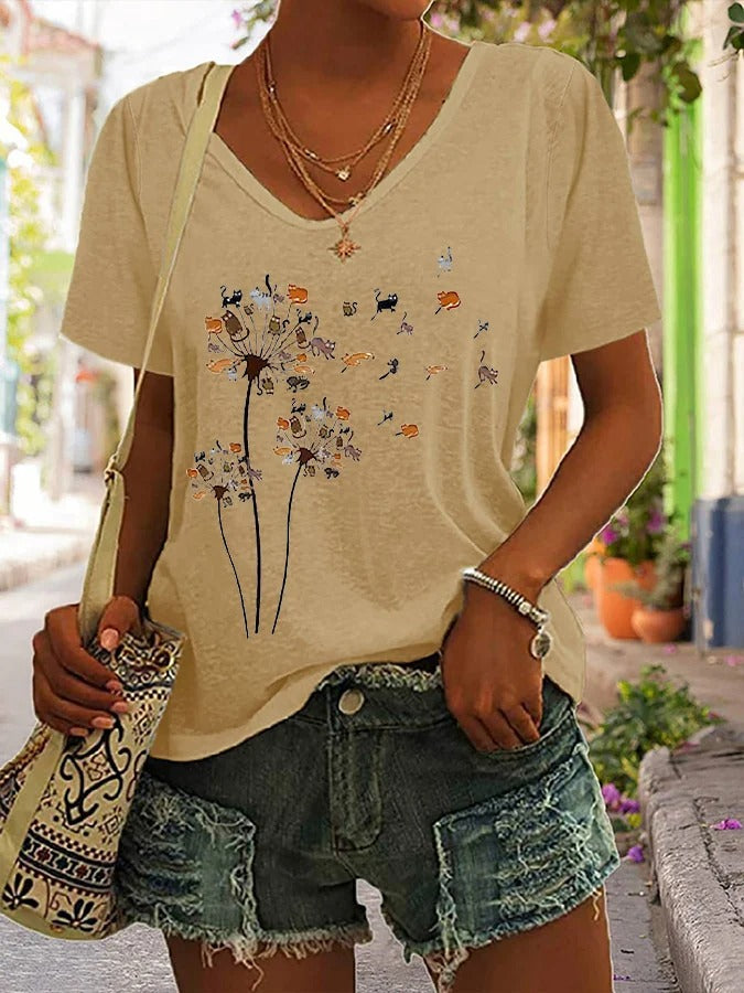 T-shirt col V imprimé chat fleur mouche pissenlit pour femme