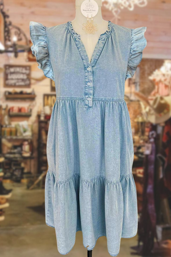 Ruffled Pleated Washed Denim Dress