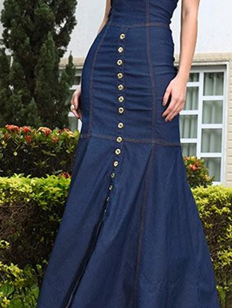 Robe longue moulante en jean à manches courtes et couleur unie UR Fashion