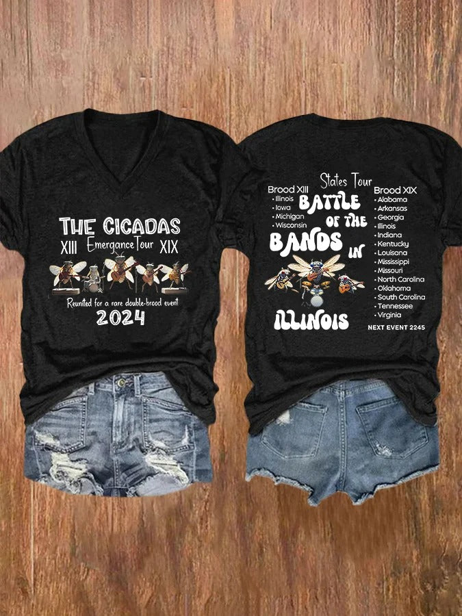 Women's The Cicadas Reunion Summer Tour Print V-Neck Casual T-Shirt