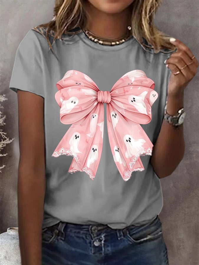 Women's Halloween Ghost Bow Print Casual T-Shirt